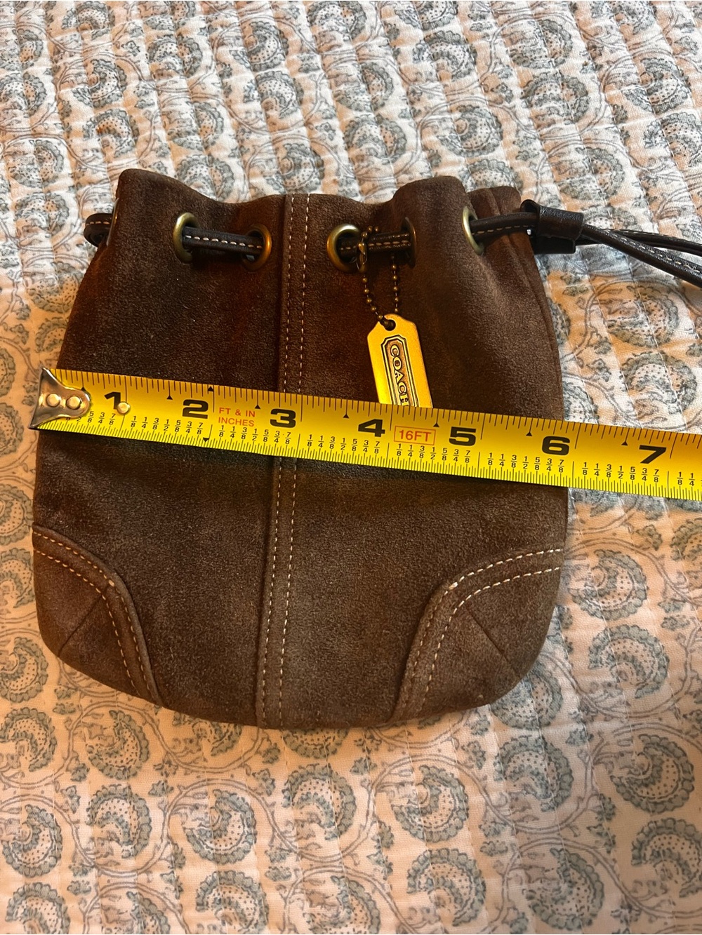 Coach Brown Suede Mini Drawstring Bucket Bag with Gold Hardware - Picture 6 of 7